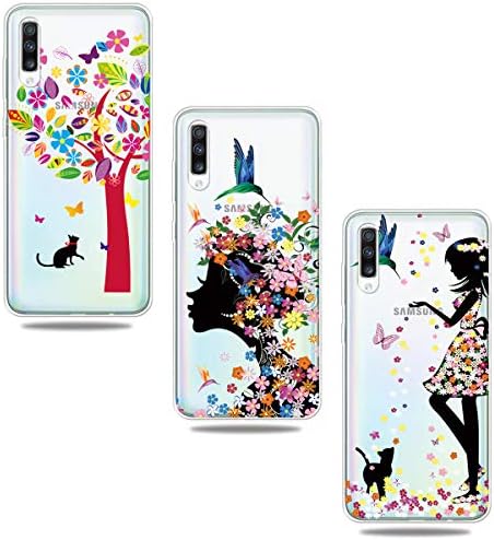 SEEYA 3PCS Silicone Case for Samsung Galaxy A70, Ultra Clear Transparent Thin Soft Shockproof TPU Gel Cute Black Cat Pretty Butterfly Fairy Protective Phone Case Cover Skin Shell for Girl Women