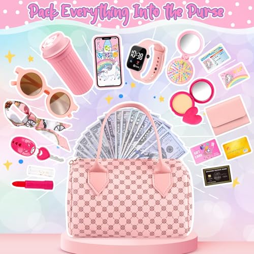 Uniiking® 32PCS Toddler Purse with Pretend Makeup for Kids, Play Purse for Little Girls, Princess Toys Includes Handbag, Phone, Wristwatch, Silk Scarf Kids Toy Purse Birthday Gift for Girls 3 4 5 6 +