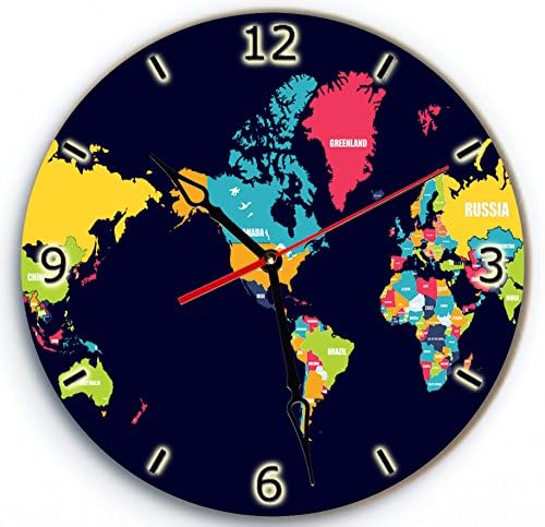 SofiClock Wall Wood Clock American Map of the World With Arabic Numerals 12" Best Gift for Decor Home, Office, Kitchen