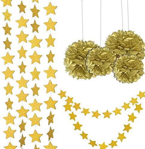6pcs Gold Tissue Pom Poms with 7 Meters Gold Stars Garland Strands, YSLF Craft Tissue Paper Flowers Gold Twinkle Star Sparkling Gold Paper Star Garland for Wedding Baby Shower Party Decoration