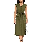 DeftSharp Women's V Neck Workday Dresses Button Down Swing Midi Shirt Dress with Pockets