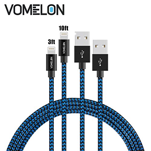 Lightning Cable, 2Pack [3FT+10FT] Nylon Braided iPhone Cable to USB Sync and Charging Cable Charger for Apple iPhone 7/7 Plus iPhone 6S/6 Plus, 5S/5/SE, iPad, Touch 5 iPod Nano 7 -Blue+Black