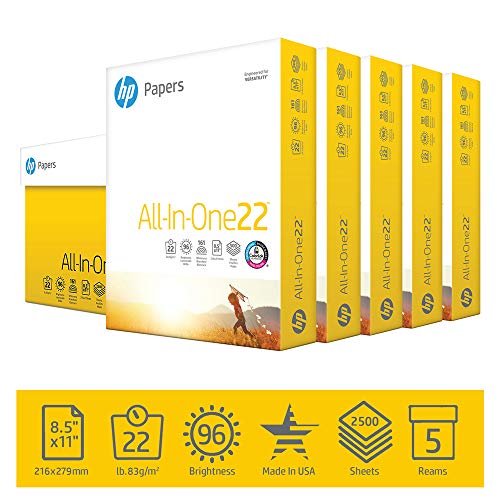 HP Printer Paper All-In-One 22lb, 8.5x 11, 5 Ream Case, 2,500 Sheets, Made in USA From Forest Stewardship Council Certified Resources, 96 Bright, Acid Free, Engineered for HP Compatibility, 207000C