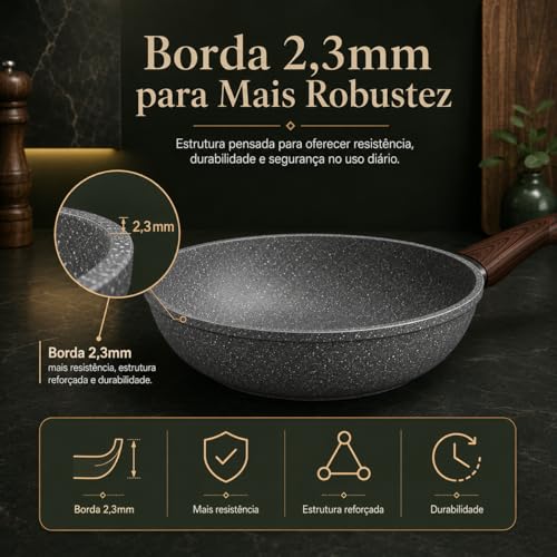 Frigideira Wok Antiaderente Revestimento Cerâmico 28cm 4,3 Litros Alumínio 2.3mm com Tampa Vidro Fundo indução, Cabo Baquelite Antitérmico (Granito)