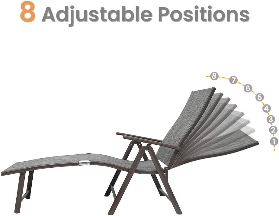 Crestlive Products Aluminum Beach Yard Pool Folding Recliner Adjustable Chaise Lounge Chair and Table Set All Weather for Outdoor Indoor, Brown Frame (Black & Gray): Furniture & Decor