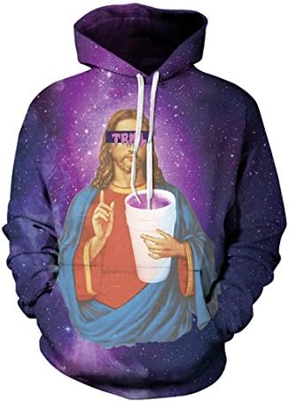 Cutiefox Womens Galaxy Trill Jesus Print Pullover Hoodie Sweatshirt Purple M