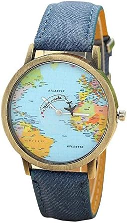 Women watch,LSVTR Global Travel By Plane Map Watch-Blue