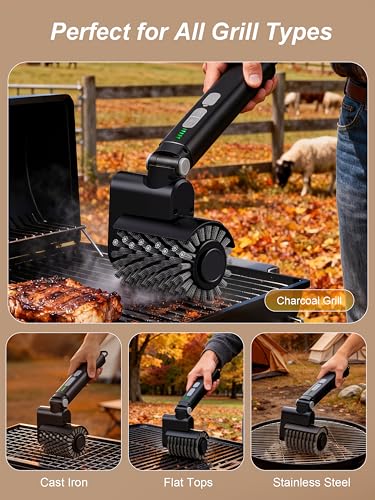 Aurviv Electric Grill Brush, 3-Speed Power Control Grill Brush for Outdoor Grill, Rechargeable BBQ Grill Brush, Cordless Grill Cleaning Brush with 2 Brush Head & Scouring Pad, Gifts for Men/Dad