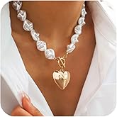 Gold Heart Necklace for Women Chunky Pearl Heart Pendant Necklace Irregular Baroque Pearl Choker Gold OT Toggle Clasp Neck-lace Wedding Party Valentine's Day Jewelry Accessories