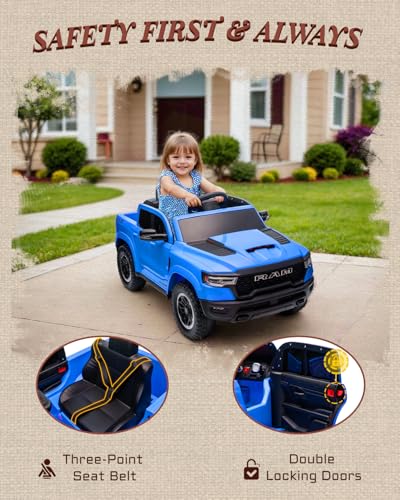 First Ride On 12v Kids Ride on Truck, Licensed Ram 1500 Rho Ride on Toy For Kids with Remote Control, Ride on Car for Children w/Truck Bed Storage, Smooth Start, Bluetooth, Aux Port (Blue)