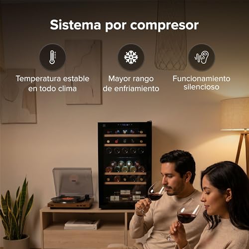 AVERA Cava de vinos para 33 botellas, Capacidad 88 L, Doble zona de enfriamiento, Temperatura 5 a 18°C, Panel de control táctil, Luz LED, Bloqueo automático, Enfriamiento por compresor | EV33
