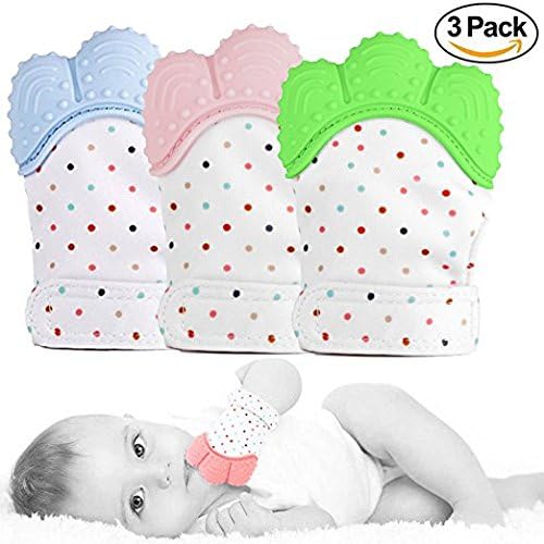 Ereon 3 Pack Baby Teething Mitten, Baby Self-soothing Teether Protective Gloves and Relieve Teething Pain Food Grade Baby Teething Stick Gloves Fun Toys, Ideal Gift for Babies Girls Boys 3-18 Months
