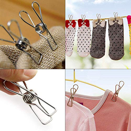 Peg Bag with Clothes Pegs, 100 Pack Powerful Stainless Steel Clips in Weather Resistant Laundry Peg Bag with Hanging Hook for Wash Line