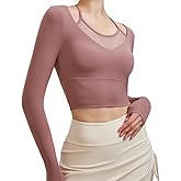 Harssidanzar Women's Yoga Workout Tops 2 in 1 Sports Bra for Gym Athletic Casual Long Sleeve CL312US