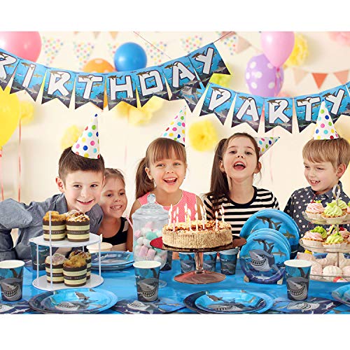 177 Piece Shark Party Supplies Set Including Banner, Plates, Cups, Napkins, Tablecloth, Spoon, Forks, and Knives, Serves 25