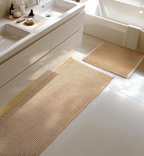 SLEEPHEAD®Upgraded Waffle Bath Mat Set, Super Absorbent Non Slip Bath Mats for Bathroom Floor, Machine Washable Bathroom Rugs, Rubber Backed Bathroom Mats, Ultra Soft 2Piece (40×60cm and 50×120cm)