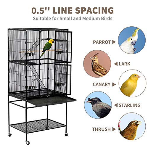 SUNCOO 63 Inch Large Bird Aviary Cage Wrought Iron Heavy Duty Flight Cage for Parrot Budgie Parakeet Cockatoo with Wooden Perch Stairs Steel Bowl Storage Shelf Rolling Stand Wheels, Bird Cage