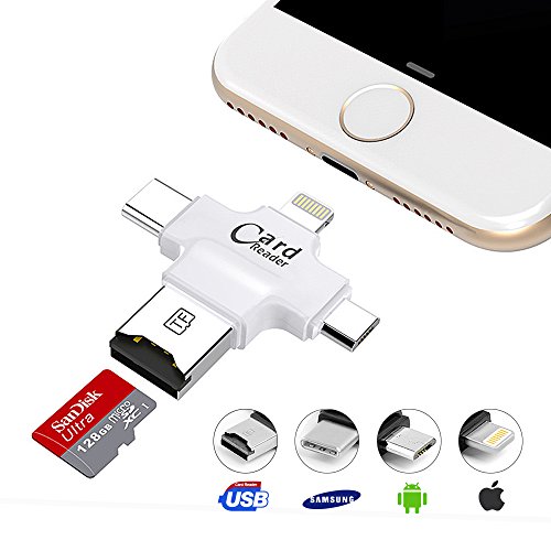 Card Reader, 4 in 1 Memory Card Reader with Lightning Type C USB Micro USB Connector, TF Flash Memory Micro SD Card Card Reader for iPhone,iPad,Android,Mac,PC,USB