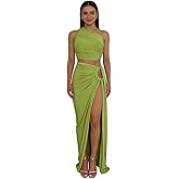 JUMISEE Women's 2 Piece Outfit Sexy Backless One Shoulder Crop Top Tie Side High Slit Maxi Skirt Beach Vacation Dress