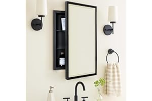 TEHOME Black Metal Framed Recessed Bathroom Medicine Cabinet with Mirror Rectangle Beveled Vanity Mirrors for Wall 16 x 24 in