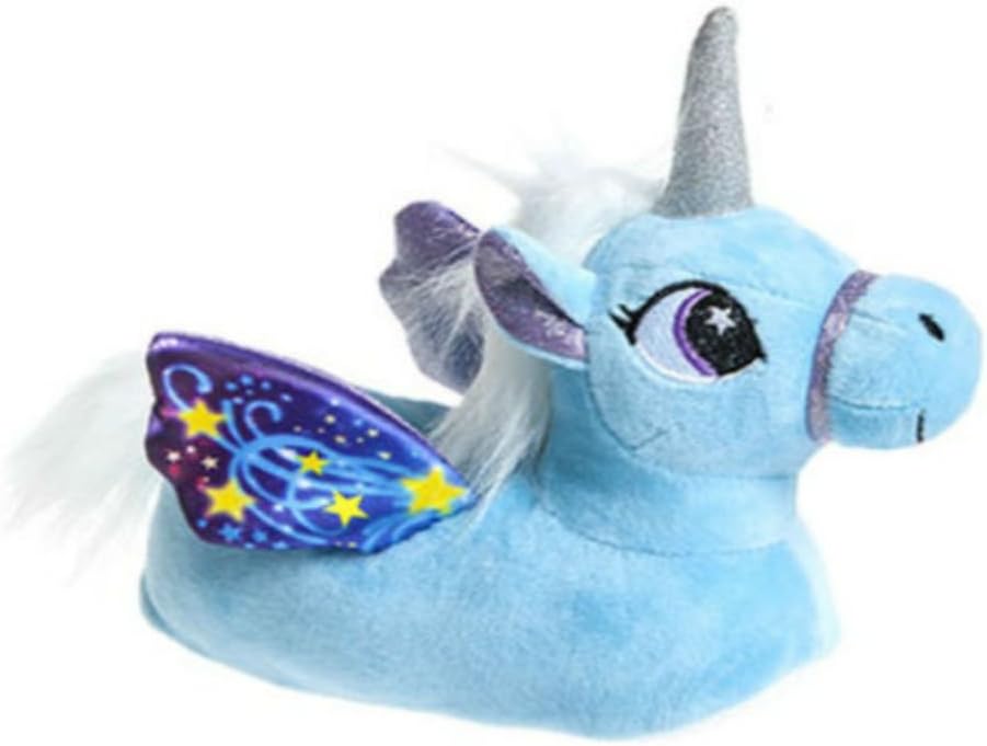 Girls Novelty 3D Character Plush Magical Winged Unicorn Slippers (13/1, Blue)