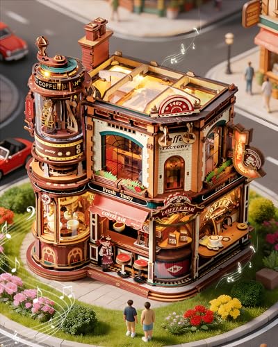 ROBOTIME Wooden 3D Puzzle for Adults to Build - Dream Coffe Factory, Miniature Building Kit with Music, Lights and Animated Scenes, Miniature House/Book Nook Café EAB02