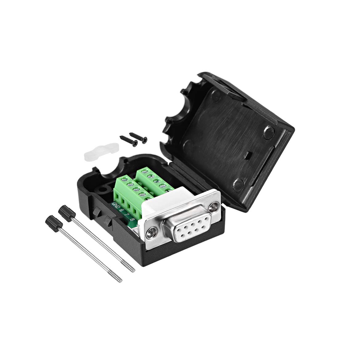 sourcing map D-sub DB9 Breakout Board Connector with Case 9 Pin 2 Row Female Port Solderless Terminal Block Adapter with Thumb Screws