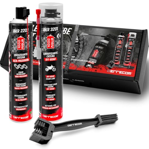 ERRECOM 1000 Miglia Clean&Lube OFF-ROAD Motorcycle Chain Kit; includes High-Pressure Chain Degreaser Spray 750ml+Off-Road Motorcycle Chain Lubricant 750ml+Huggie System and 90°Connector+Brush+Gloves