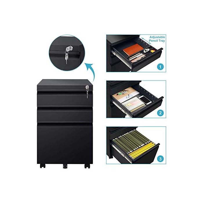DEVAISE 3 Drawer Mobile File with Lock, Fully Assembled Except