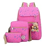 ABage Girls' Canvas Backpack Set 3 Pieces Patterned Bookbag Laptop School Backpack, Pink