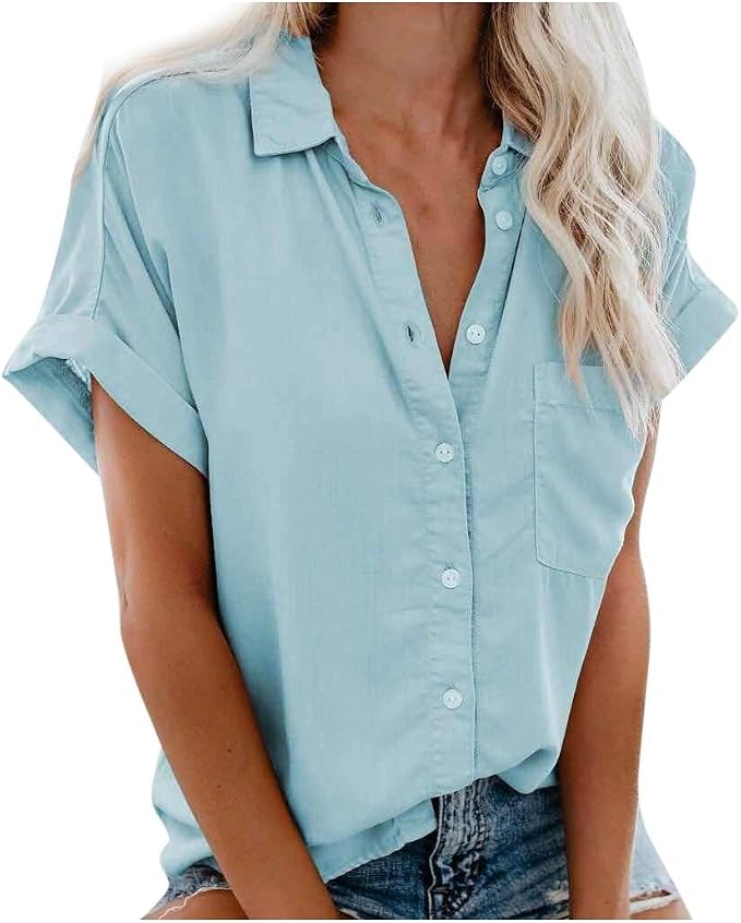 womens light blue button down shirt