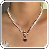 Erimberate Bohemian Emerald Heart Necklace Chain Vintage Pearl Choker Necklace Green Cz Heart Pendant Necklace Toggle Clasp Necklace Choker Jewelry for Women and Girls