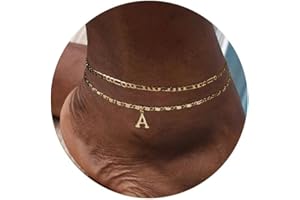 AGWOLF Initial Letter Ankle Bracelets Set for Women 14K Gold Plated Layered Waterproof Anklets Figaro Chain Rhinestone Dainty Anklet Set Adjustable Size Summer Beach Jewelry for Women