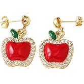 Cute Cz Apple Dangle Drop Earrings for Women Dainty Crystal Red Green Enamel Fruit Charm Statement Dangling Studs Hypoallergenic Fashion Jewelry for Her Daughter