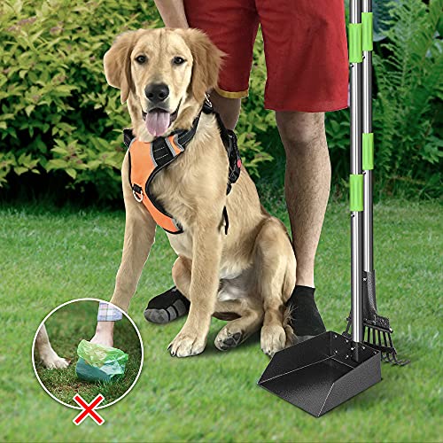TOOGE Pooper Scooper, Dog Pooper Scooper Long Handle Stainless Metal Tray and Rake for Large