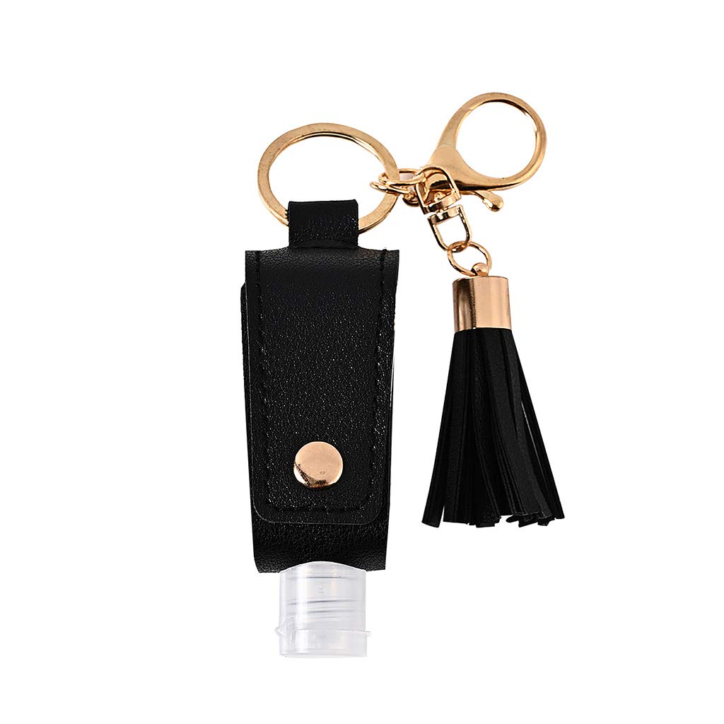 yIFeNG 30ml Portable Empty Hand Sanitize Bottle with Tassels Leather Keychain Holder,Black