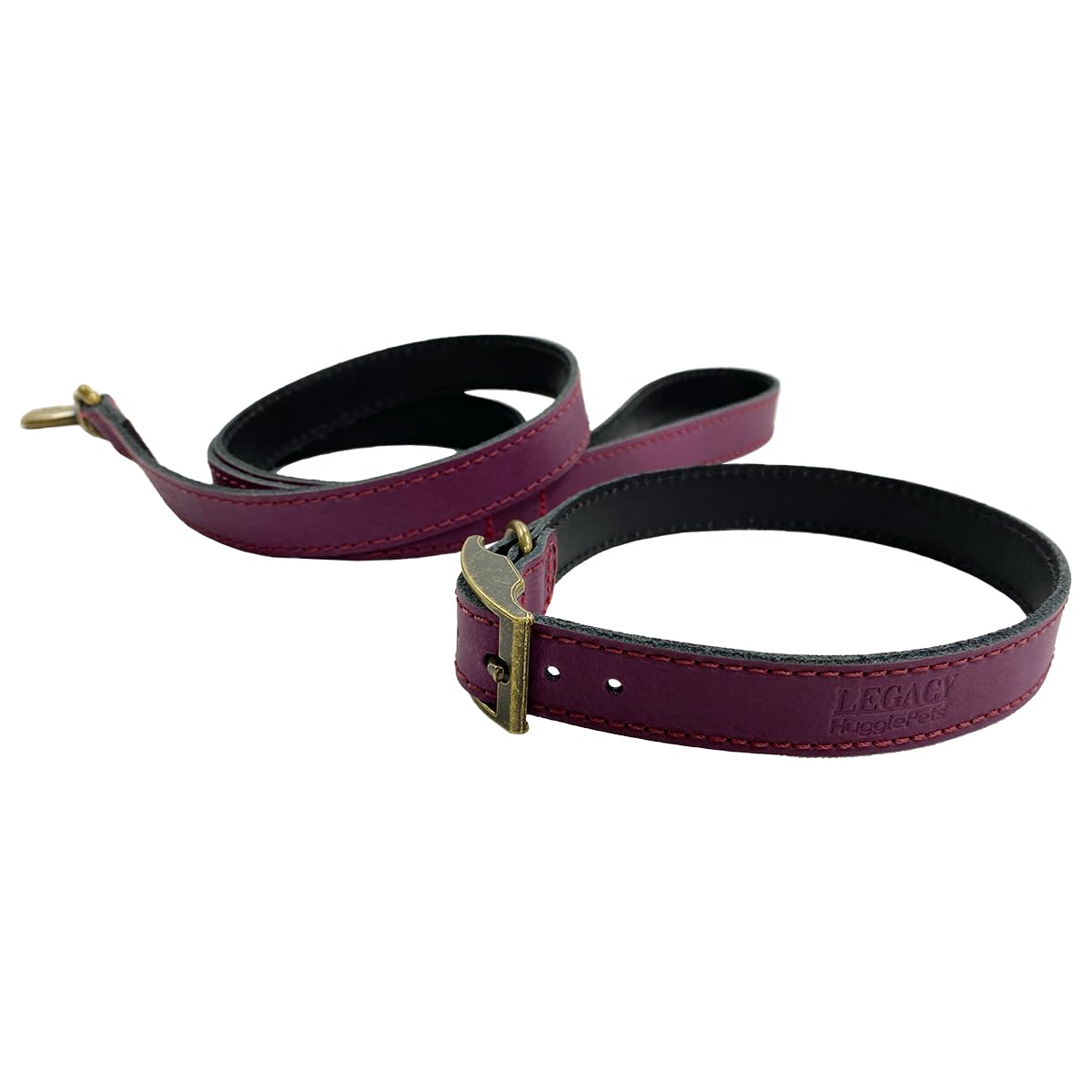 HugglePets Leather Dog Collar and Lead Set Legacy British Handmade Leather (Merlot, XX Large 50-60cm)