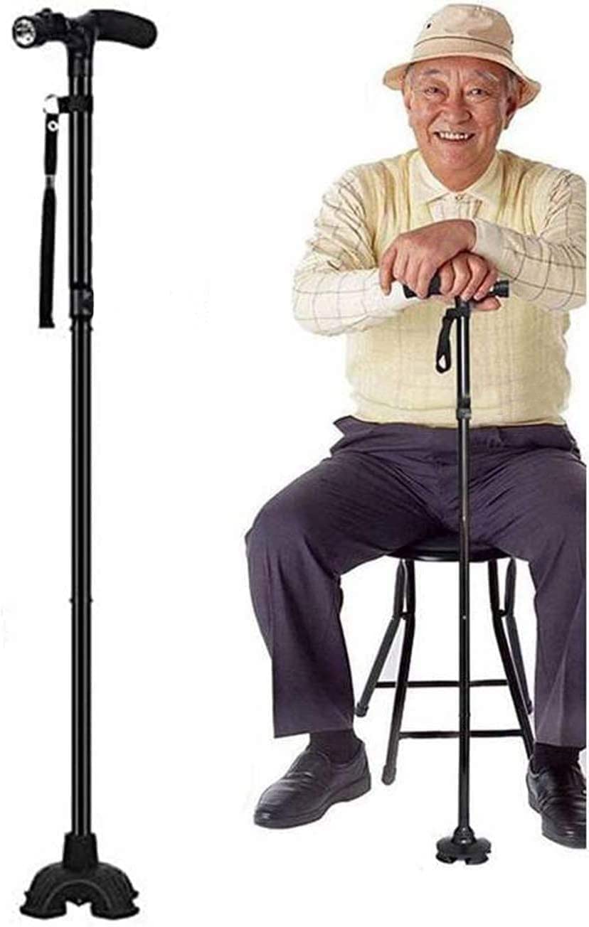 CUCUBA Folding Walking Stick, Ergonomic Handle, Adjustable 85/92 cm, Anti-Shock, LED Light, Black