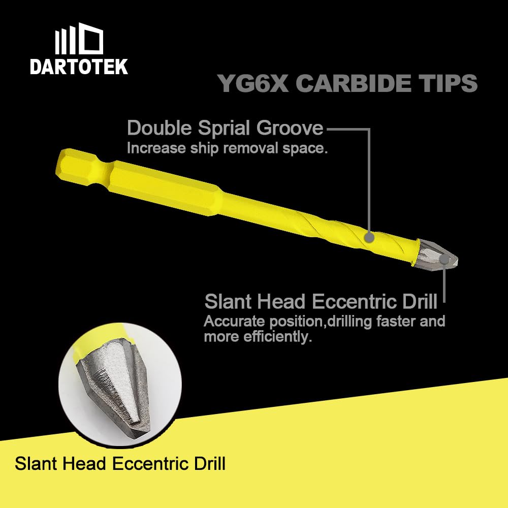 Schräger Kopf Exzenterbohrer 5/6/8/10/12MM Bitsatz DARTOTEK Spiralbohrer Holz/Kunststoff/Glas/Beton/Ziegel Multi-Material-Bohrer mit Bit-Aufbewahrungskoffer, 5 Stück 6