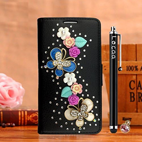 Locaa(TM) For Samsung Galaxy Note 4 Note4 N910 3D Bling Case + Stylus + Phone plug Luxury Crystal Pearl Diamond Rhinestone Beautiful Leather Wallet Cover [General Series] Black case - Butterfly flower
