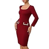 BARASA Women's Long Sleeve Pencil Dress Spring Pocket Trim Business Formal Bodycon Square Neck Midi Dresses D538