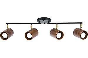 BISAMIYA Modern 4-Light Track Lighting Kit Fixture, Adjustable Matte Black Finish and Real Dark Wood Lampshade Ceiling Light, Brass Swivel Item Kit, for Living Room, Kitchen, Artwork