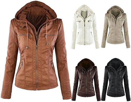Jeeluory Women's Bomber Zipper Leather Jacket Quilted Hooded Faux Hoodies Size L (Black)