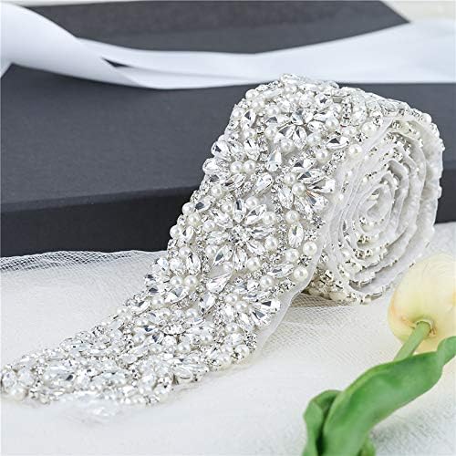 Rhinestone Applique Wedding Trimming for Slim Belts or Headbands by Hot Fix or Sewing (silver)