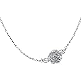 S925 Sterling Silver Jewelry Sideways Camellia Flower Choker Necklace 14+4"