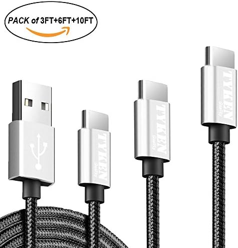 Tyken USB A to USB Type-C Nylon Braided Dash Charge Cable Cord for All Devices with TYPE C Ports (3 Pack/3ft+6ft+10ft)