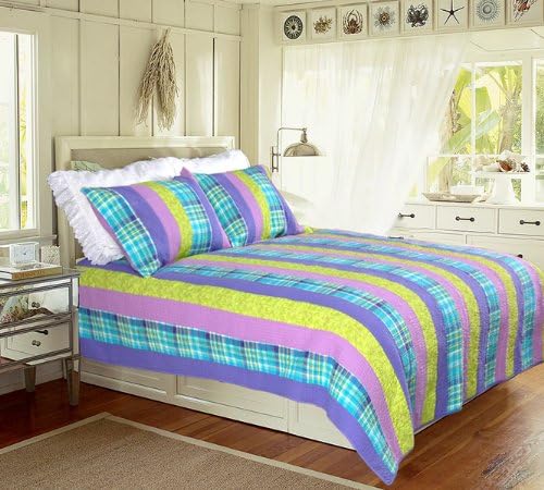 [Panama Island] 100% Cotton 2PC Vermicelli-Quilted Striped Patchwork Quilt Set (Twin Size)
