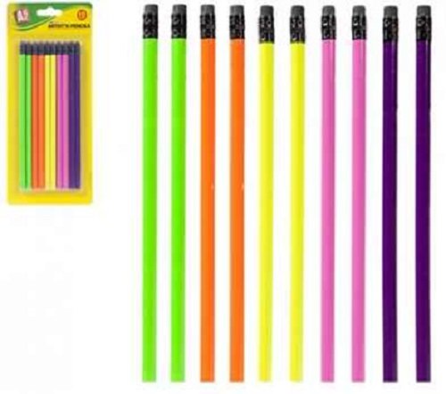 Neon Colour HB Pencils with Eraser Tip, Pack of 10