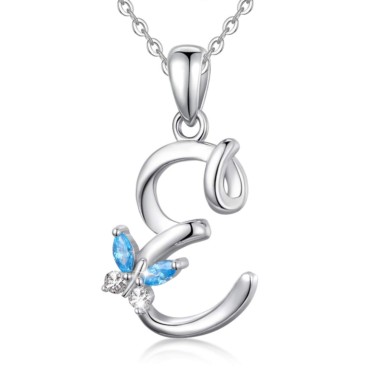 EUDORA Harmony Ball 925 Sterling Silver Initial Butterfly Necklace for Women, E Alphabet Letter Personalised Pendant Necklaces with Blue Cubic-Zirconia Gifts for Mom Ladies Girls Mother's day, 18" — image 1