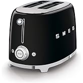 SMEG TSF01 2-Slice Toaster-50&rsquo;s Retro Style- (Black) | 2-wide slots, 6 Browning Levels, Bagel, Reheat &amp; Defrost Functions, Self-Centering Slots, Easy To Use Control Knob + Lever